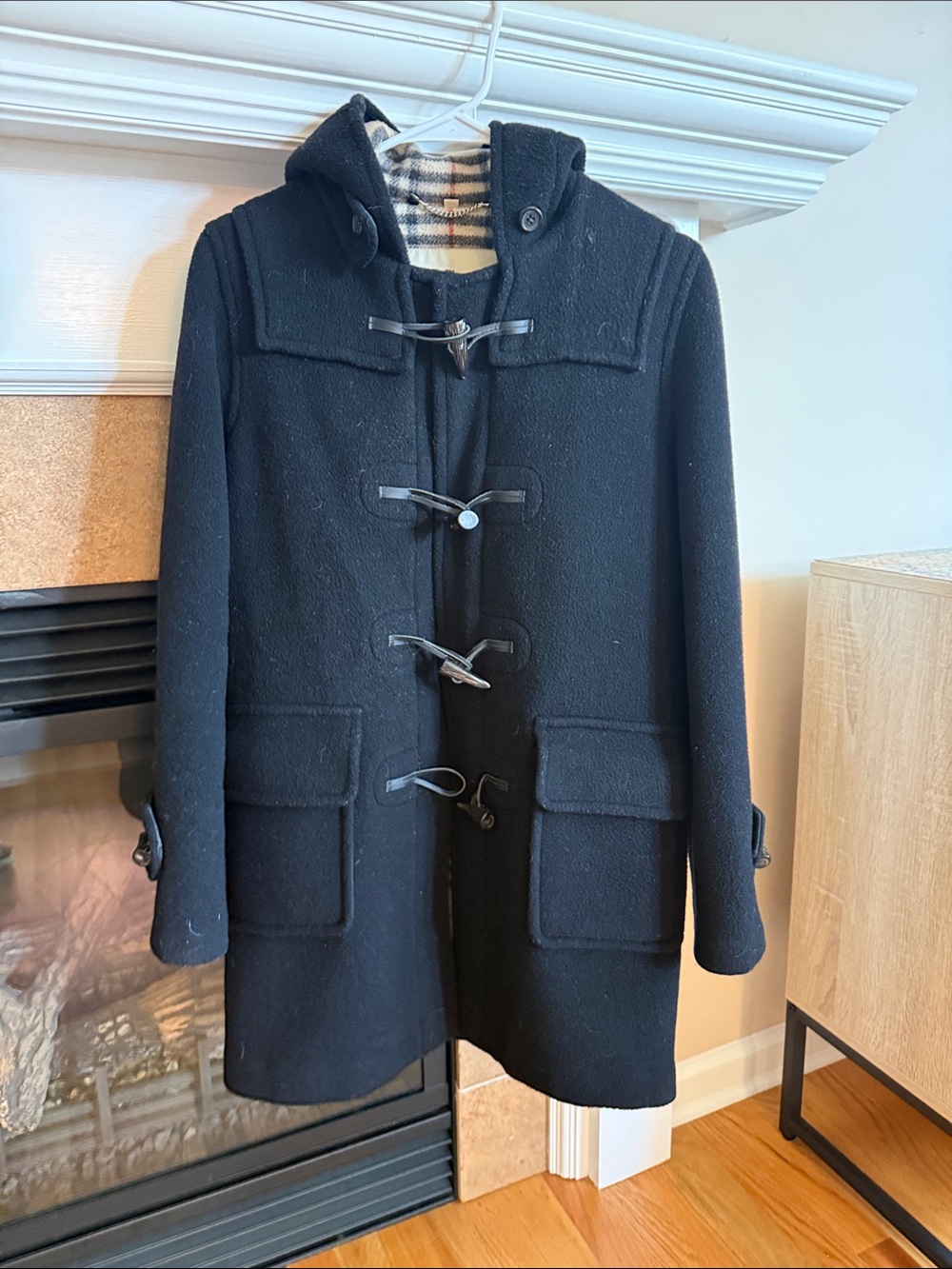 Burberry Black Wool Toggle Duffle Coat with Plaid Lining